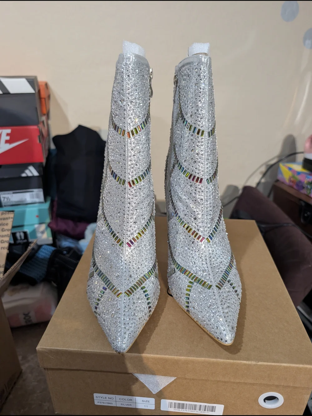 Silver Crystal Embellished Pointed-Toe Ankle Booties